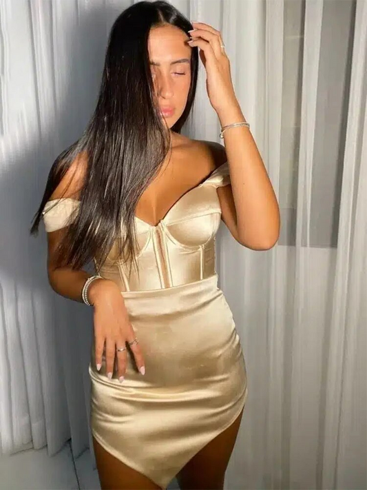 Champagne Satin Cocktail Dresses Asymmetrical Off the Shoulder Cocktail Gowns Mini V Neck Sheath Short Evening Party Dress