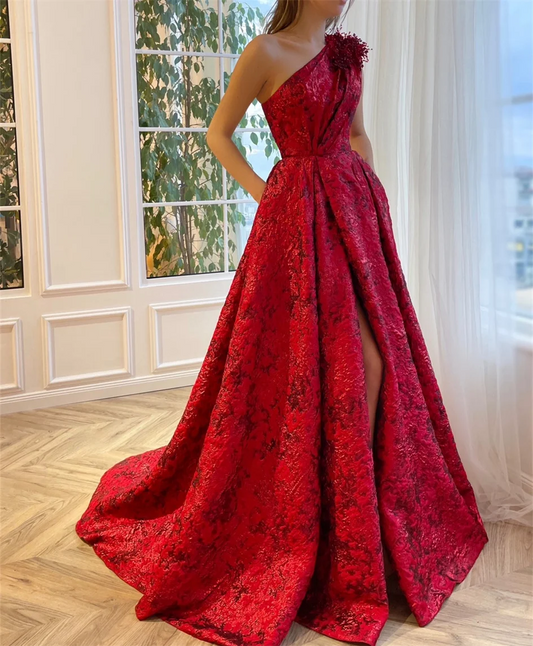 Luxury A-line Elegant Red Chic Women Printing Flower Prom Dresses Long One Shoulder Ball Gown Glitter Formal Evening Party
