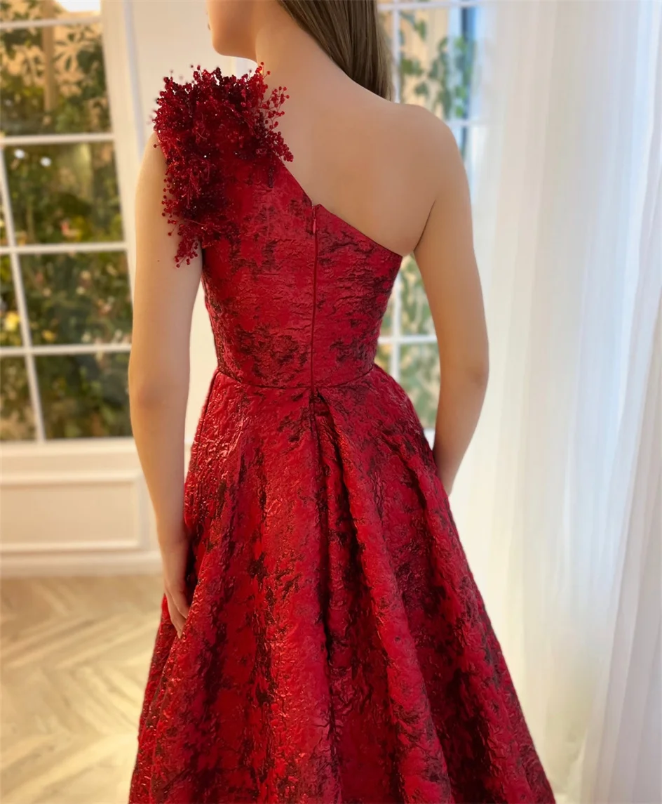 Luxury A-line Elegant Red Chic Women Printing Flower Prom Dresses Long One Shoulder Ball Gown Glitter Formal Evening Party