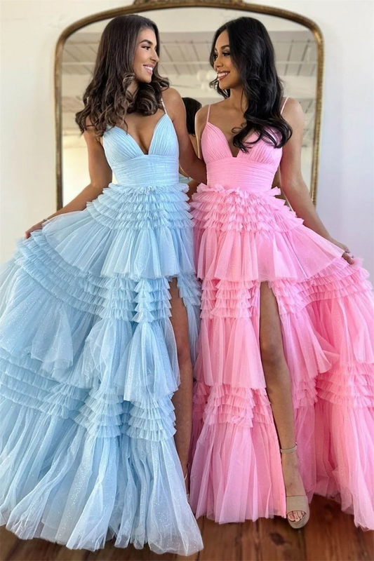 Sleeveless Light Blue V Neck Spaghetti Straps Prom Dresses Long Tulle Tiered Ruffles Red Evening Party Ball Gowns