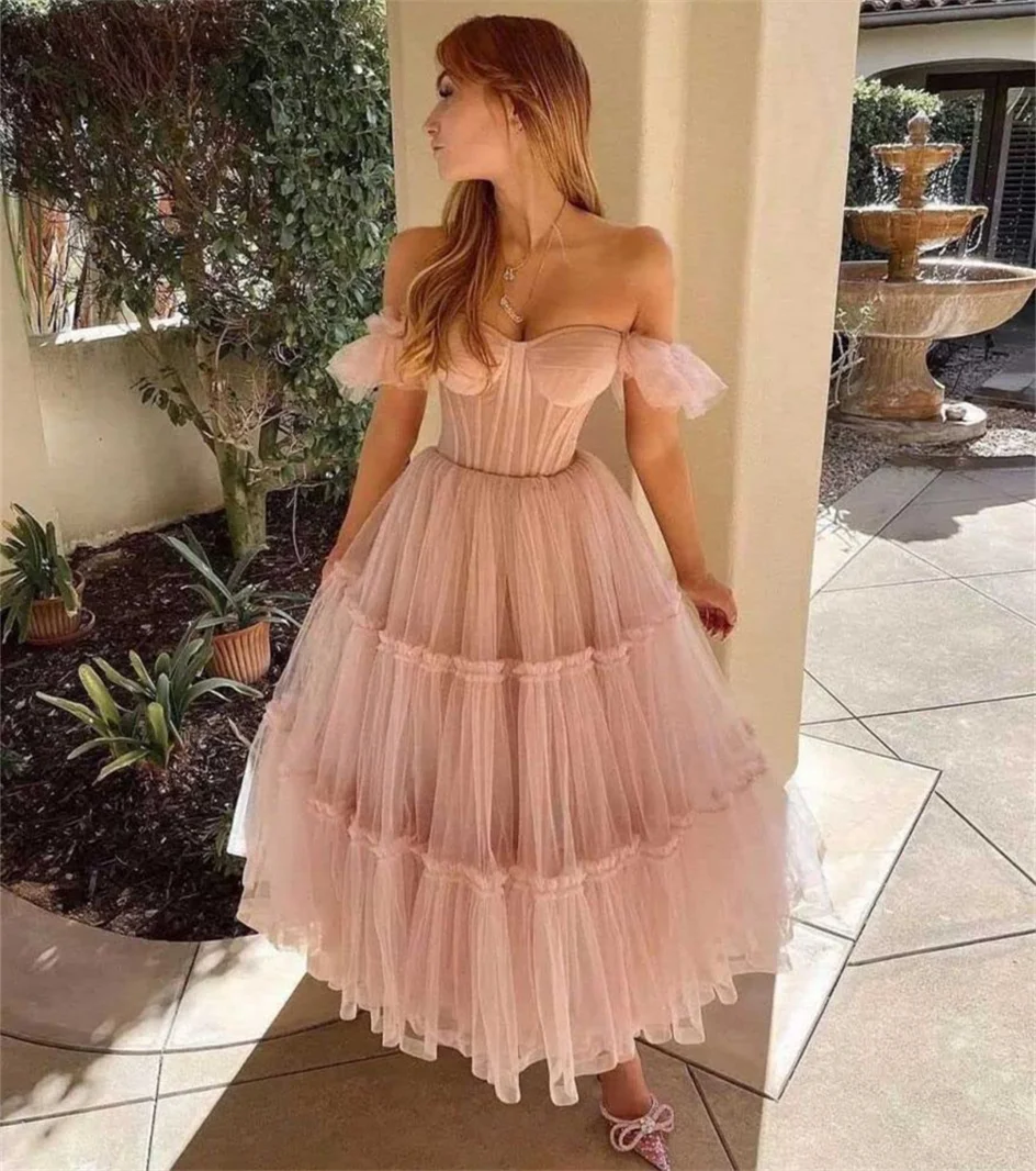 Sweetheart Lace Up Light Pink Evening Dresses Draped Tea Length Elegant Prom Dress A Line Custom Made Homecoming Gowns