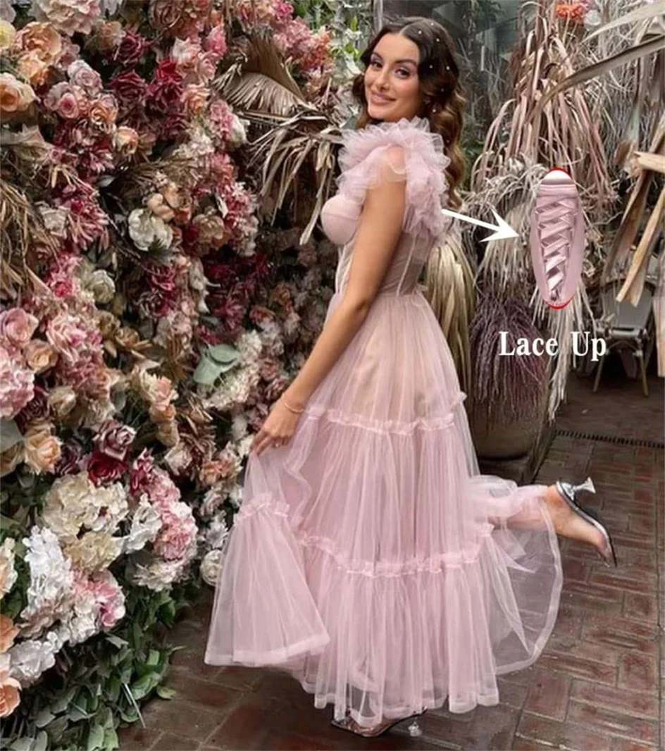 Sweetheart Lace Up Light Pink Evening Dresses Draped Tea Length Elegant Prom Dress A Line Custom Made Homecoming Gowns
