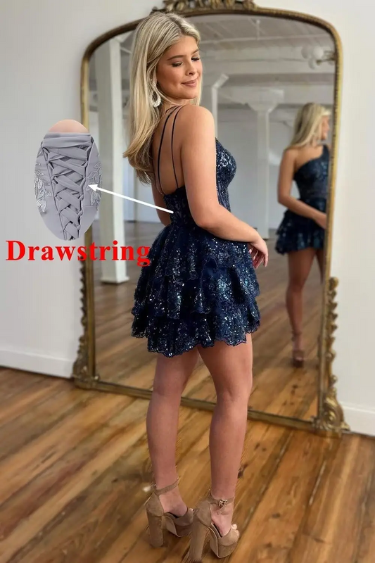 New Sparkly Sequin Lace Short Prom Dress One Shoulder Backless A line Appliques Homecoming Elegant Cocktail Party Dresses