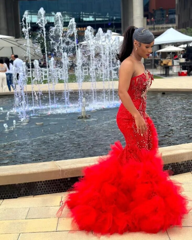 Red Luxury African Mermaid Prom Recaption Dress for Women Sweetheart Sexy Slit Black Girl Graduation Evening Gown