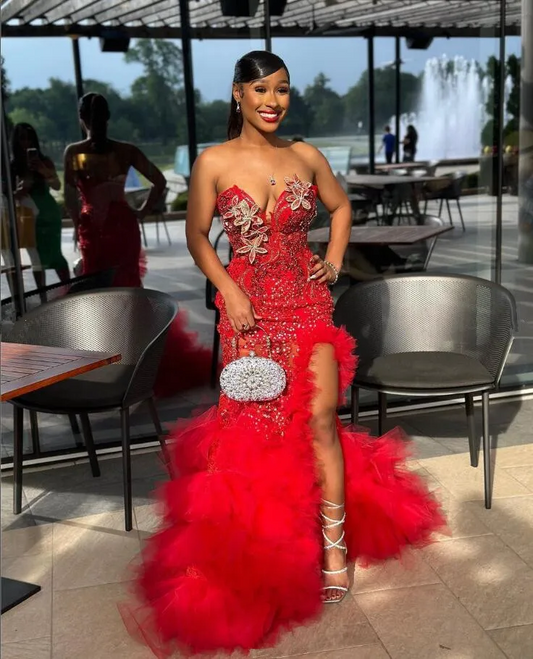 Red Luxury African Mermaid Prom Recaption Dress for Women Sweetheart Sexy Slit Black Girl Graduation Evening Gown