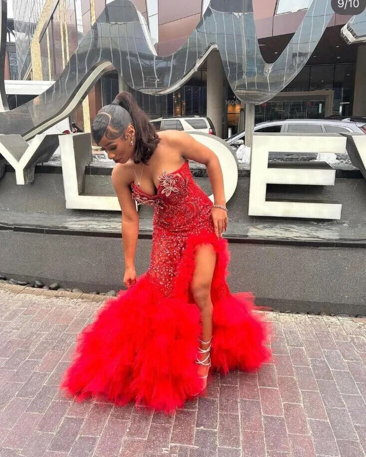 Red Luxury African Mermaid Prom Recaption Dress for Women Sweetheart Sexy Slit Black Girl Graduation Evening Gown