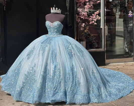 Sky Blue Sparkly Princess Quinceanera Dresses Sweetheart Gillter Applique Crystal Sweet 15