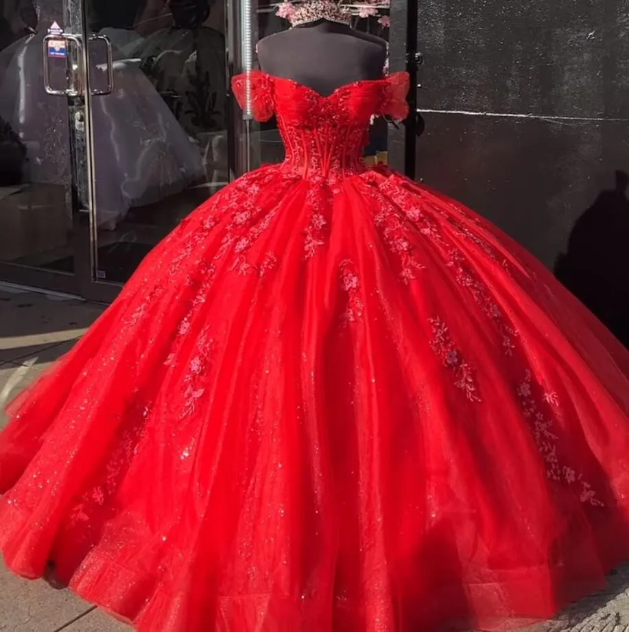 Red Princess Quinceanera Dresses Off Shoudler Sparkly Applique Corset