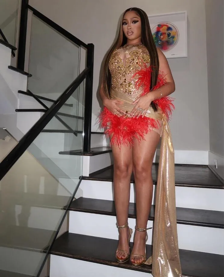 Sparkly Luxury Mini Evening Cocktail Dress Diamond Crystal Feather Black Girl Birthday Queen Gown