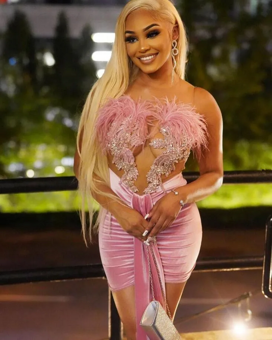 Pink Velvet Short Prom Birthday Dress Sheer Mesh Crystal Ostrich Feather Cocktail Party Gown