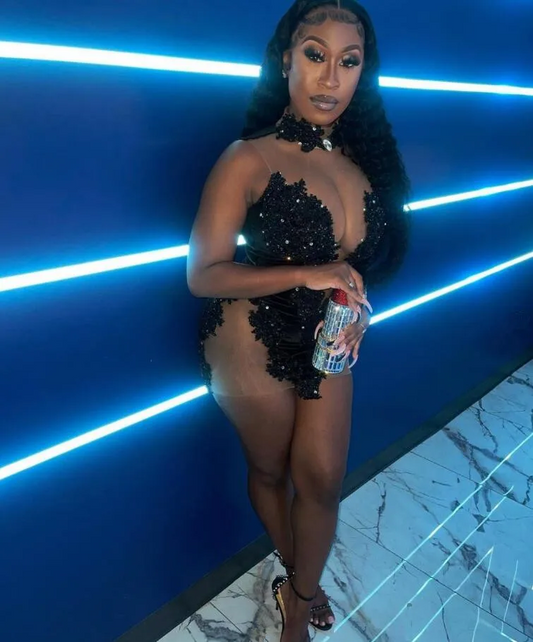 Sheer Mesh Black Girl Birthday Cocktail Dress Sexy Sparkly Crystal Applique Reception Prom Party Gown