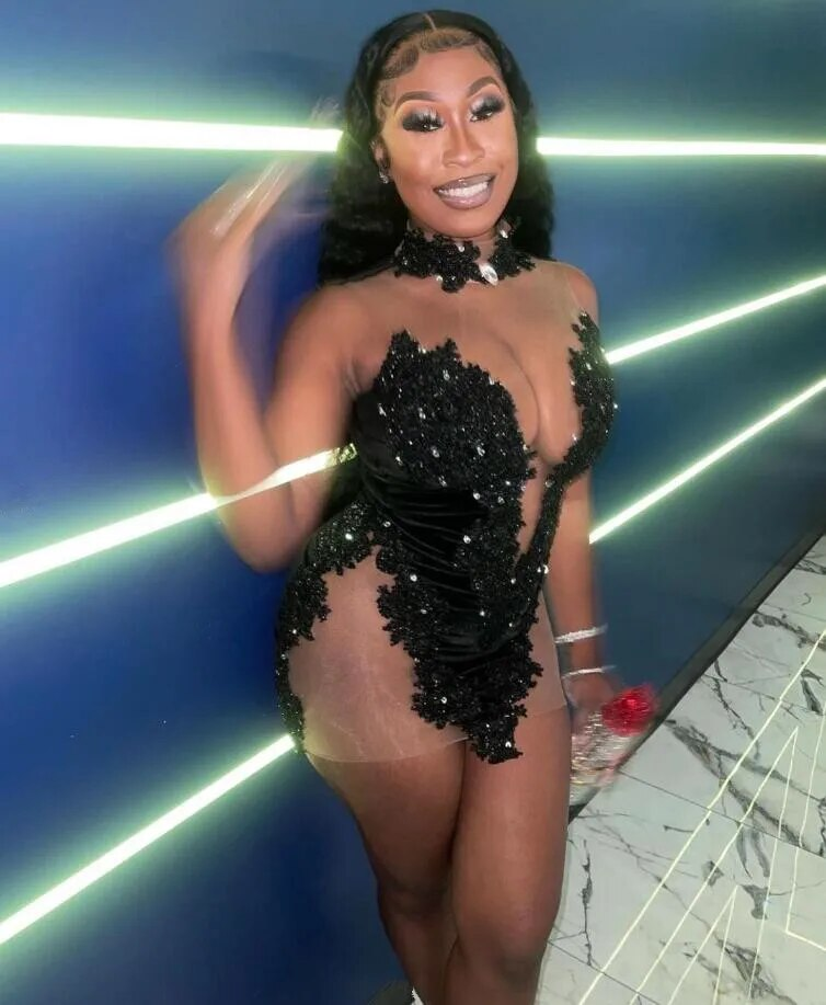 Sheer Mesh Black Girl Birthday Cocktail Dress Sexy Sparkly Crystal Applique Reception Prom Party Gown