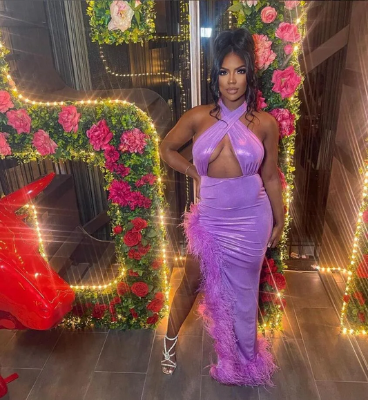 Light Purple Sexy Evening Runway Dress for Women Halter Feather Celebrity Prom Gown