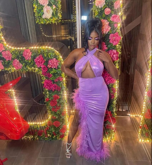 Light Purple Sexy Evening Runway Dress for Women Halter Feather Celebrity Prom Gown