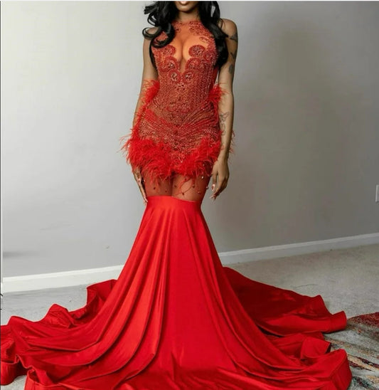 Red Diamonds Long Prom Dress For Black Girls Beaded Crystal Rhinestones Feather Evening Gown Birthday Party Dresses