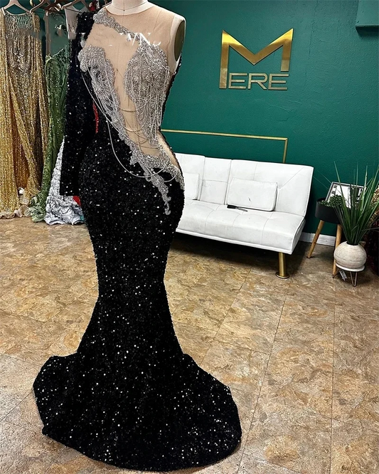 Sexy O Neck Long Prom Dress For Black Girls Sparkly Beaded Tassel Birthday Party Dresses Sequined Evening Gowns