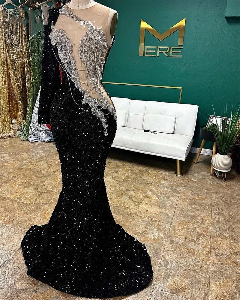 Sexy O Neck Long Prom Dress For Black Girls Sparkly Beaded Tassel Birthday Party Dresses Sequined Evening Gowns