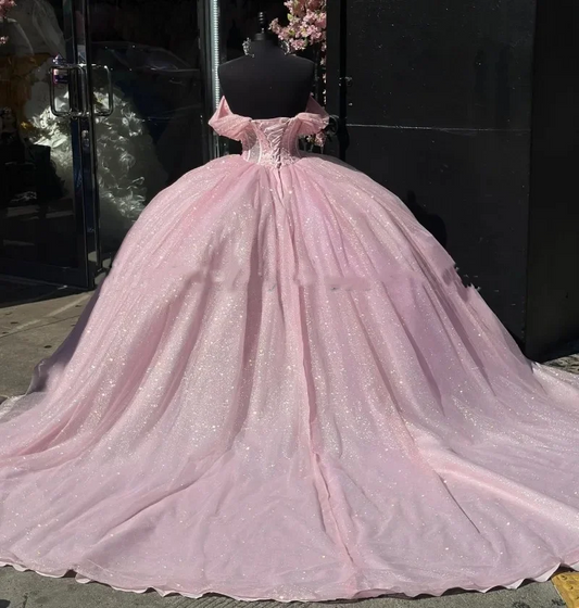 Elegant Pink Quinceanera Dresses Beading Sweetheart Sequin Sweet 16 Prom Gowns Shinny Pageant Dress