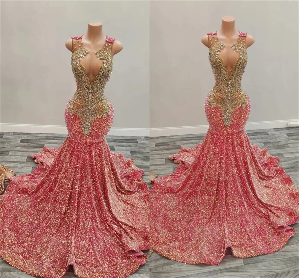 Pink O Neck Long Prom Dress For Black Girls Beaded Crystal Birthday Party Dresses Sequined Evening Gowns