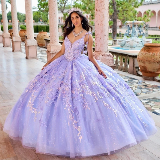 Lilac Sexy Spaghetti Strap Floral Gown Quinceanera Dress Sequin Applique Lace Basque Glitters
