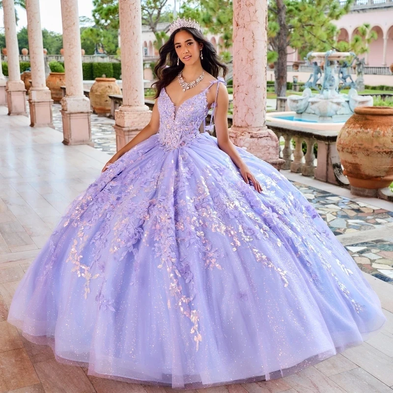 Lilac Sexy Spaghetti Strap Floral Gown Quinceanera Dress Sequin Applique Lace Basque Glitters