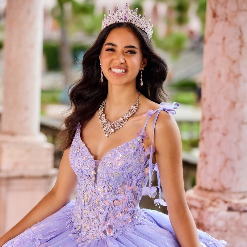 Lilac Sexy Spaghetti Strap Floral Gown Quinceanera Dress Sequin Applique Lace Basque Glitters