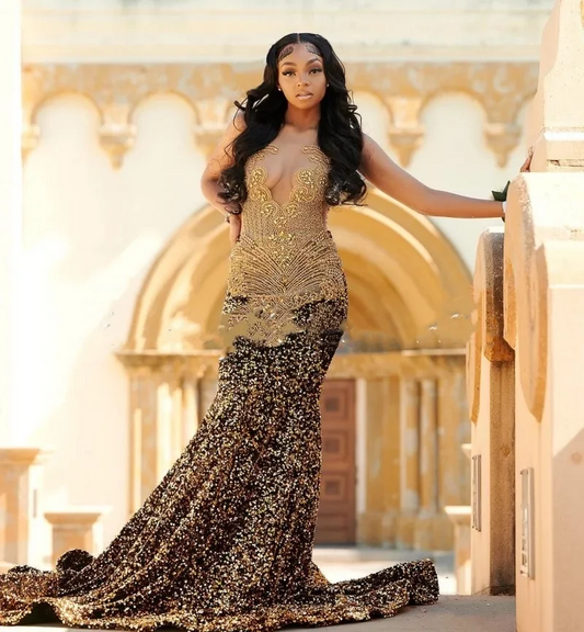 Sparkly Brown Sequins Mermaid Prom Dresses Sheer Neck Crystal Plus Size Birthday Party Gown Long