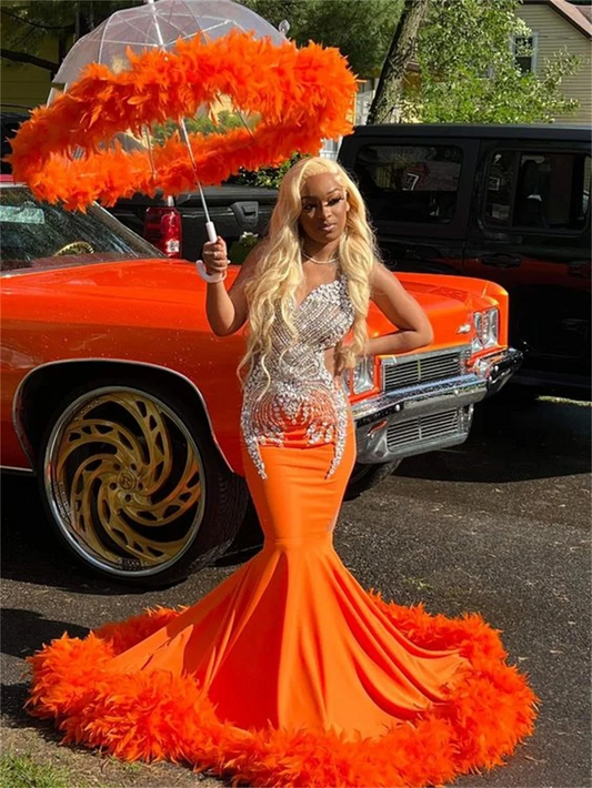 Orange Crystal Orange Feathers Long Prom Dresses For Black Girls African Mermaid Birthday Evening Party Gown
