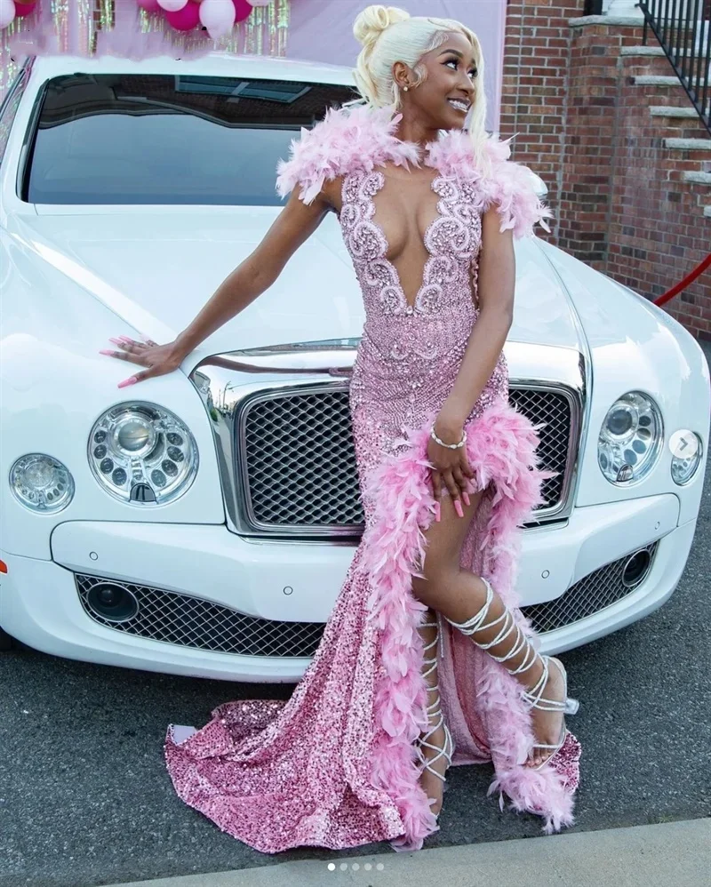 Sparkly Pink Plus Size Mermaid Prom Dresses Glitter Sequins Bead Feather Sweep Train Birthday Party Gowns