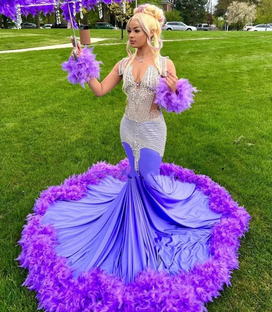 Luxury Purple Prom Dresses For Black Girls Rhinestone Feathers African Women Mermaid Party Gowns