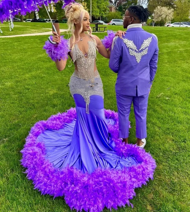 Luxury Purple Prom Dresses For Black Girls Rhinestone Feathers African Women Mermaid Party Gowns