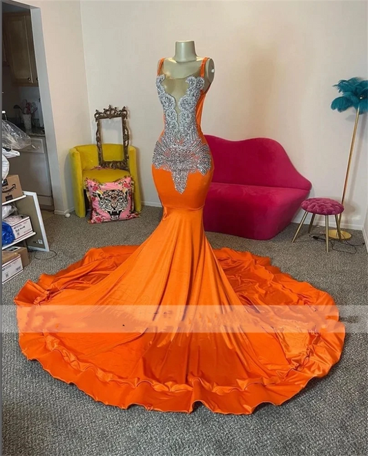 Sexy Crystal Bead Orange Long Prom Dresses For Black Girl Mermaid Birthday Party Dress Evening Gown