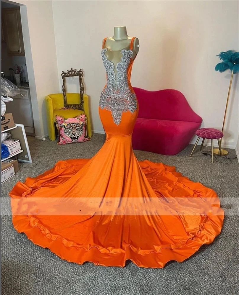 Sexy Crystal Bead Orange Long Prom Dresses For Black Girl Mermaid Birthday Party Dress Evening Gown