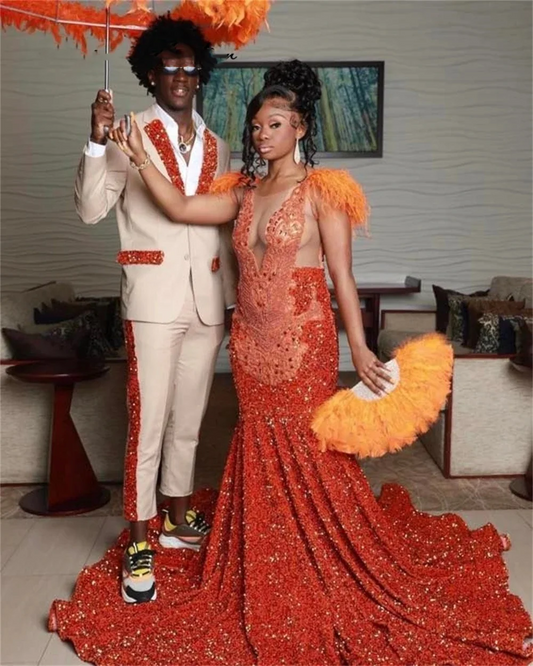 Elegant Orange Sequined Mermaid Prom Dresses With Crystal Beading Feathers Shoulder Brithday Part y Gowns For Black Girl