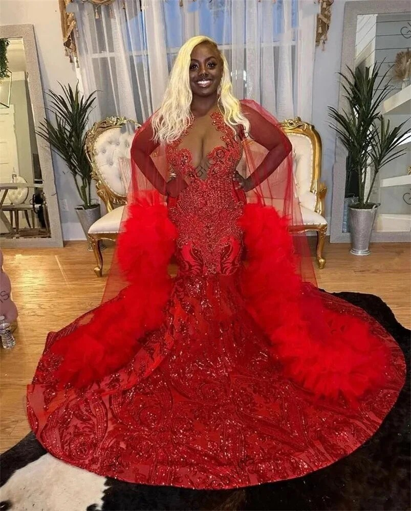 Red Halter Long Prom Dress For Black Girls Beaded Rhinestone Birthday Party Dresses Sequined Ruffles Evening Gown With Cape
