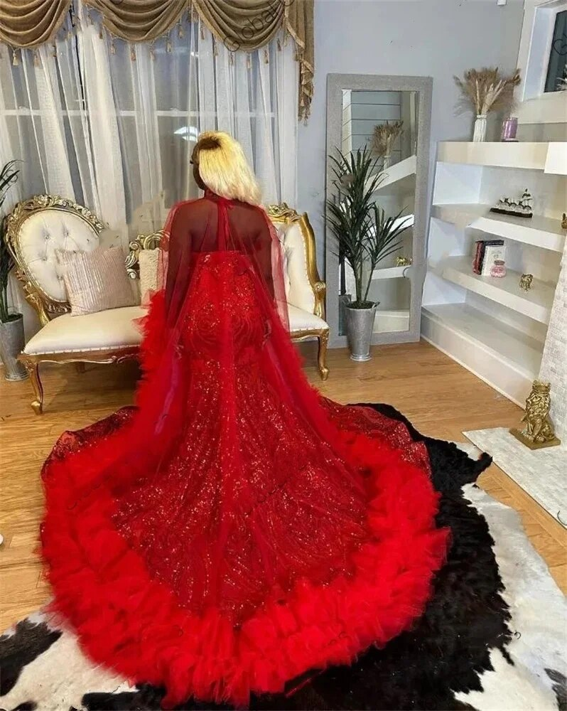 Red Halter Long Prom Dress For Black Girls Beaded Rhinestone Birthday Party Dresses Sequined Ruffles Evening Gown With Cape