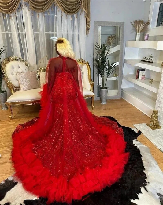 Red Halter Long Prom Dress For Black Girls Beaded Rhinestone Birthday Party Dresses Sequined Ruffles Evening Gown With Cape