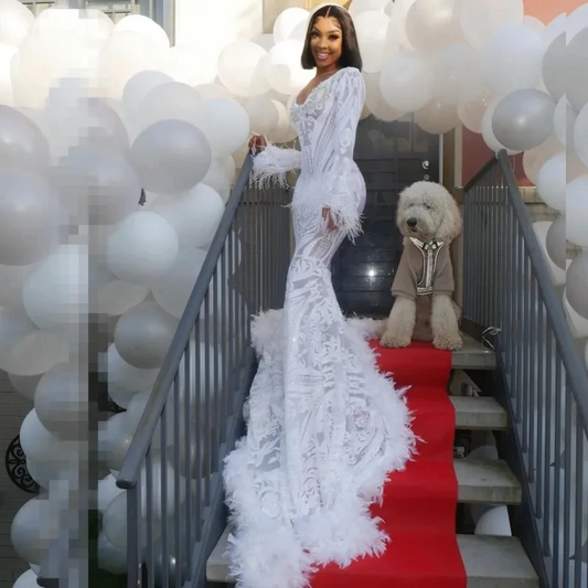 White Prom Dresses For Black Girls V Neck Rhinestone Sequin Party Gowns Long Sleeves Feathers