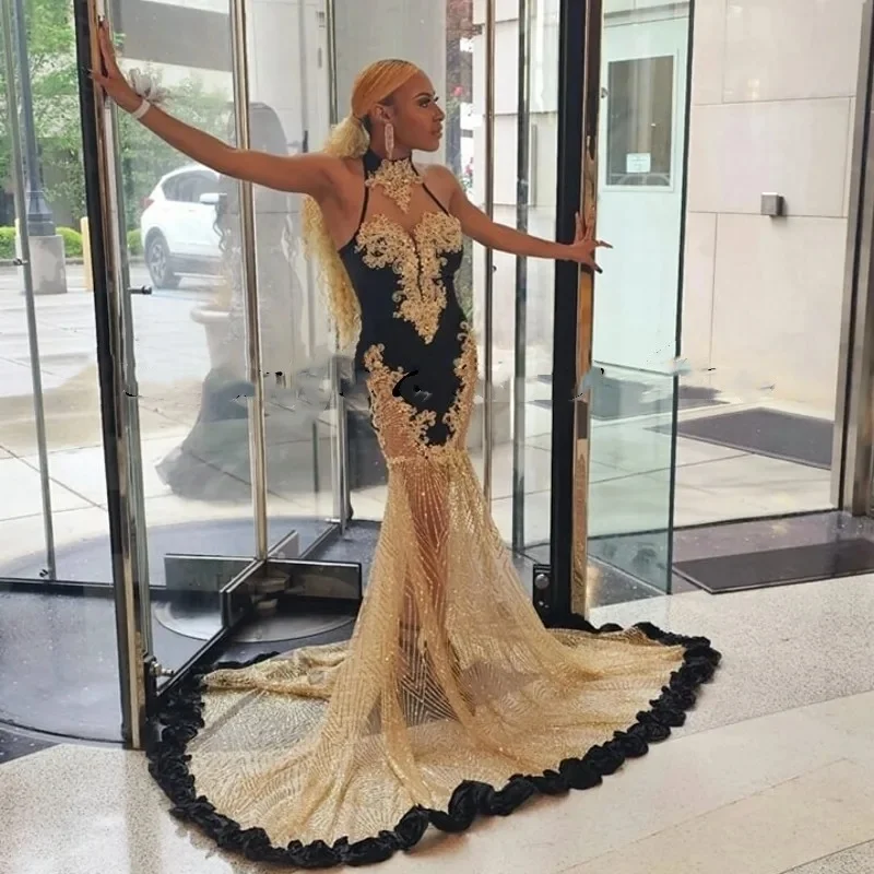 Elegant Black and Gold Sequin Prom Dress For Black Girls Luxury High Neck Lace Applique Party Gowns