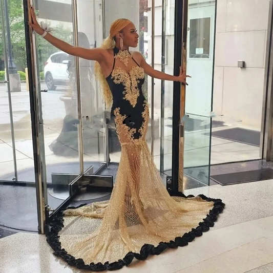 Elegant Black and Gold Sequin Prom Dress For Black Girls Luxury High Neck Lace Applique Party Gowns