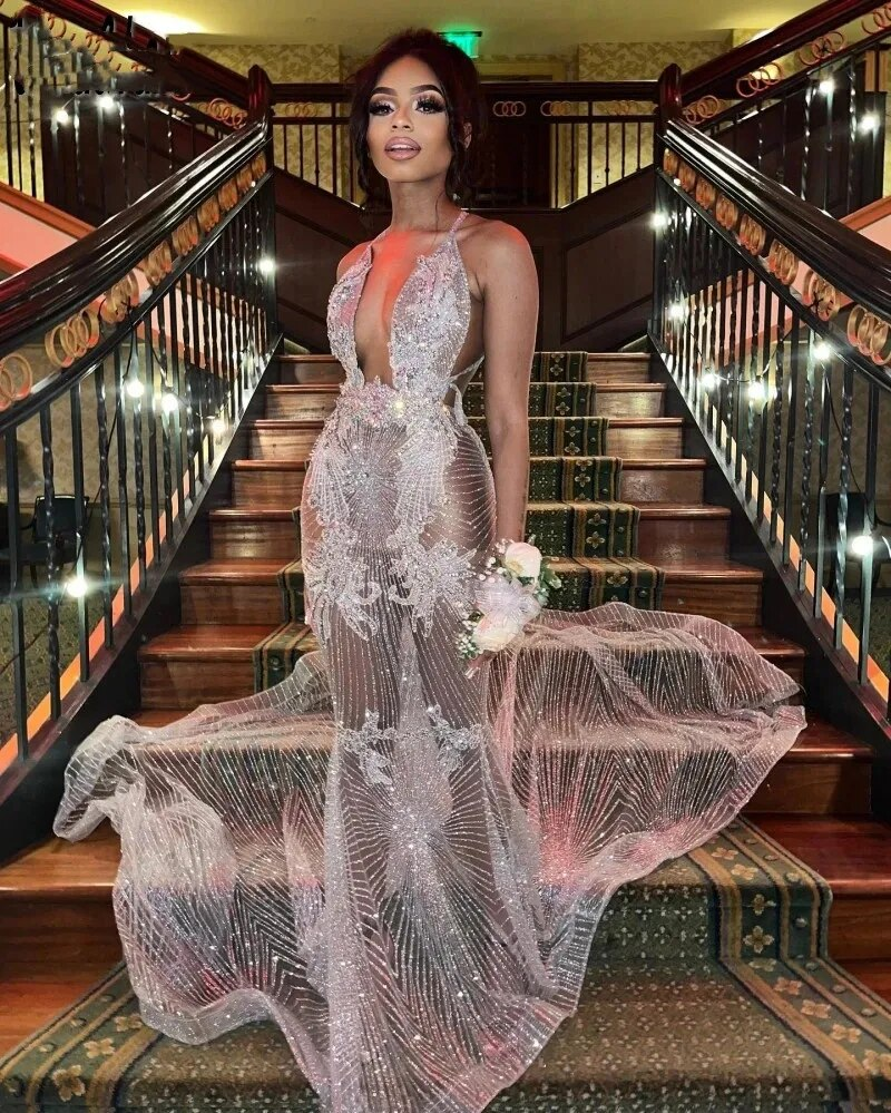 See Through Mermaid Prom Dress For Women Glam Sequin Black Girls Birthday Party Dresses Long Evening Gowns