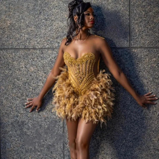 Luxury Feathers Birthday Dresses For Black Girl Beading Sequin Short Prom Party Gowns Sheer Neck Clubbing Dress