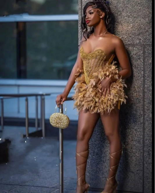 Luxury Feathers Birthday Dresses For Black Girl Beading Sequin Short Prom Party Gowns Sheer Neck Clubbing Dress