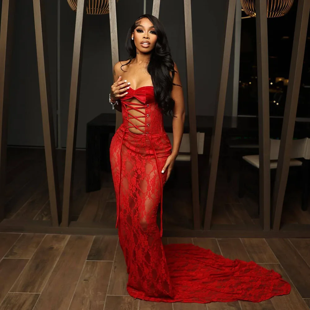 Sexy Red Lace Prom Dress For Black Girls Sweetheart Mermaid Party Gowns See Through
