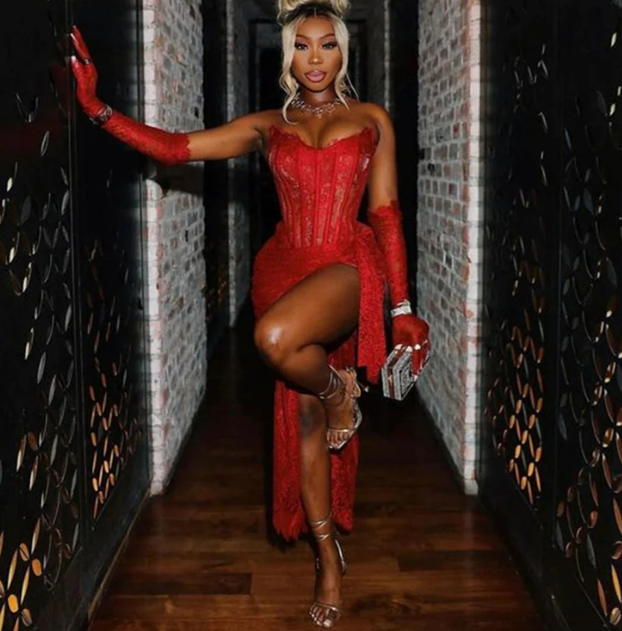 Sexy Red Short Prom Dress For Black Girls Lace Birthday Party Gowns With Gloves Mini Cocktail Homecoming
