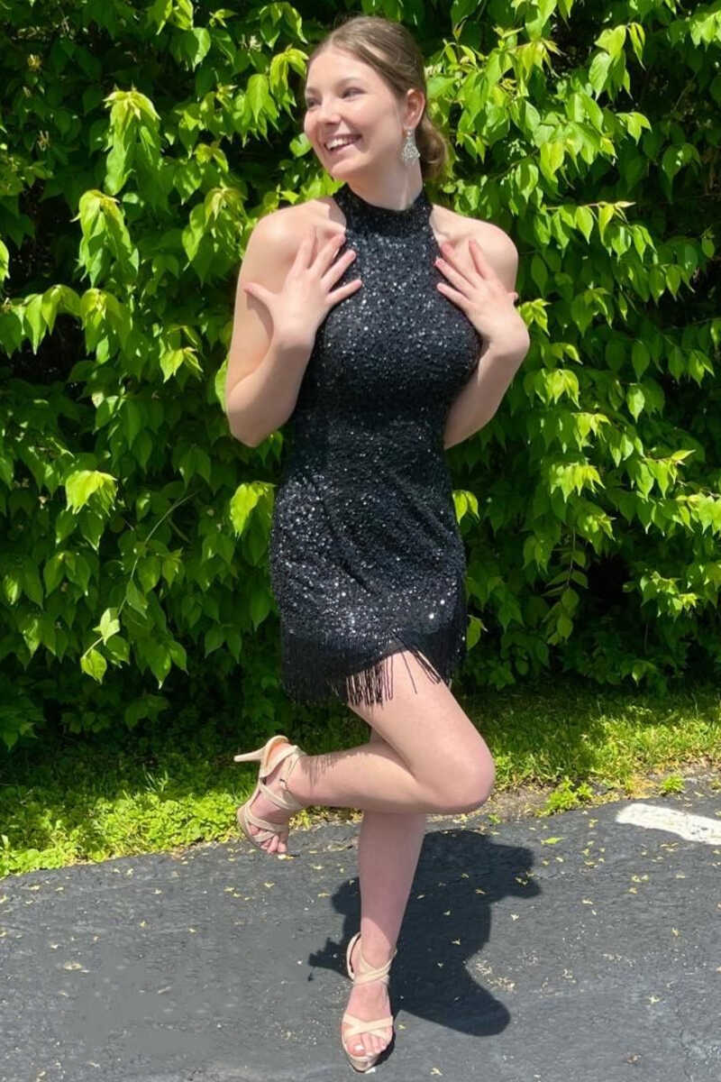 Black Sequins Halter Tassel Mini Party Dress