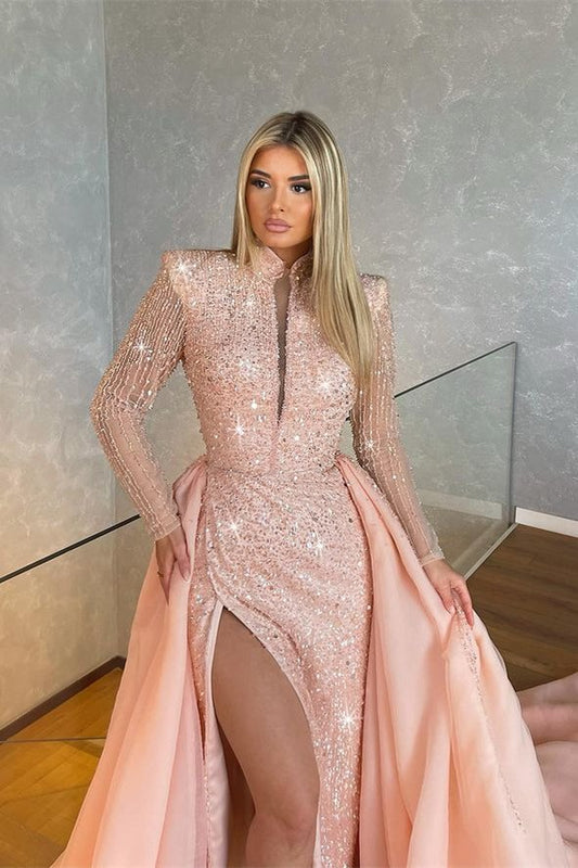 Stunning Pink Long Sleeves Sequins Prom Dress Mermaid Split With Overskirt