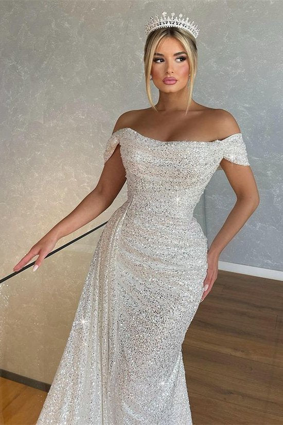 Stunning Off-the-Shoulder White Mermaid Prom Dress Long With Ruffles