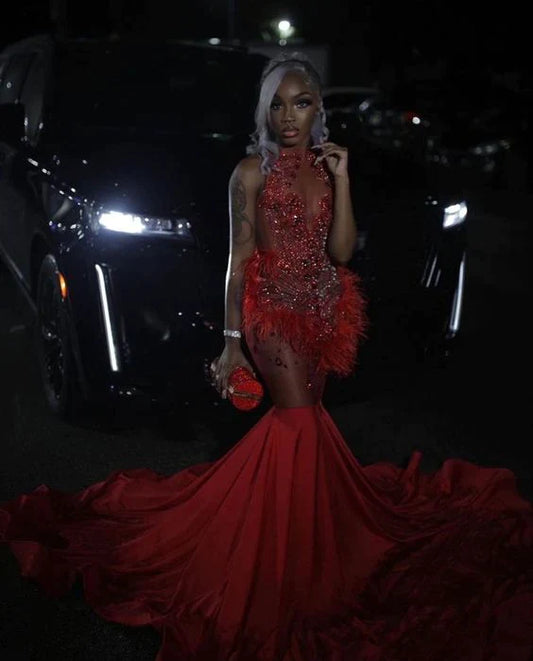 Sexy Red Crystal Feather Prom Dresses Mermaid Sheer Velevt Mermaid Senior Evening Gowns Night Party For Black Haute
