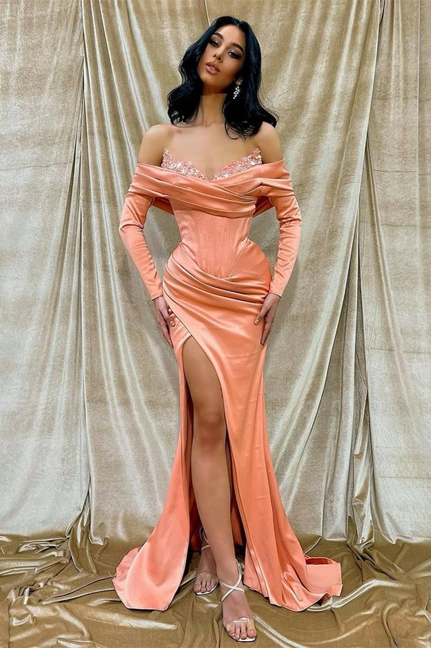 Stunning Off-the-Shoulder Long Sleeves Evening Dress Mermaid Slit With Sequins